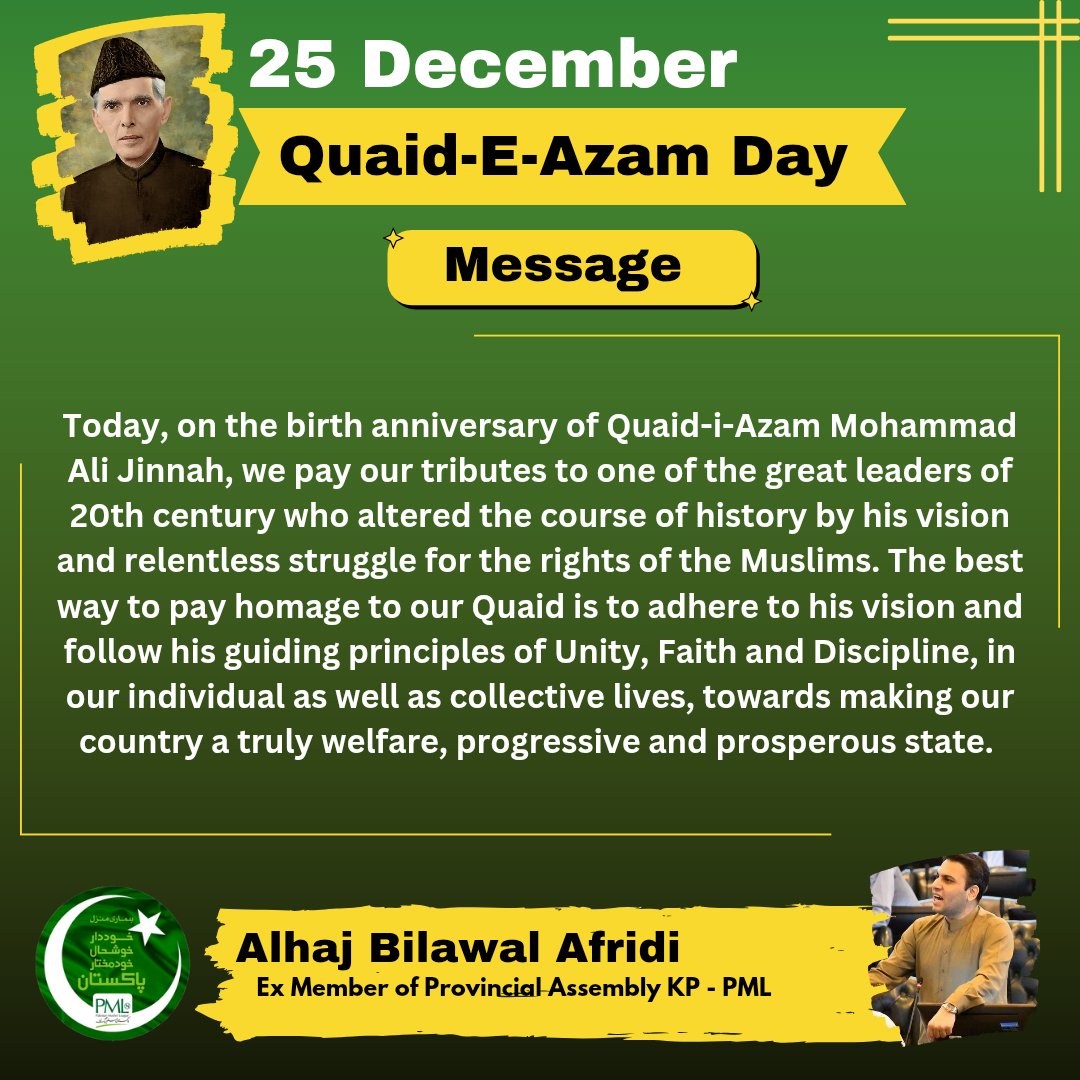 IBilawalAfridi's tweet photo. Today, on the birth anniversary of Quaid-i-Azam Mohammad Ali Jinnah, we pay our tributes to one of the great leaders of 20th century who altered the course of history by his vision and relentless struggle for the rights of the Muslims. 
#QauideAzam https://t.co/GOnZTL6Mk5
