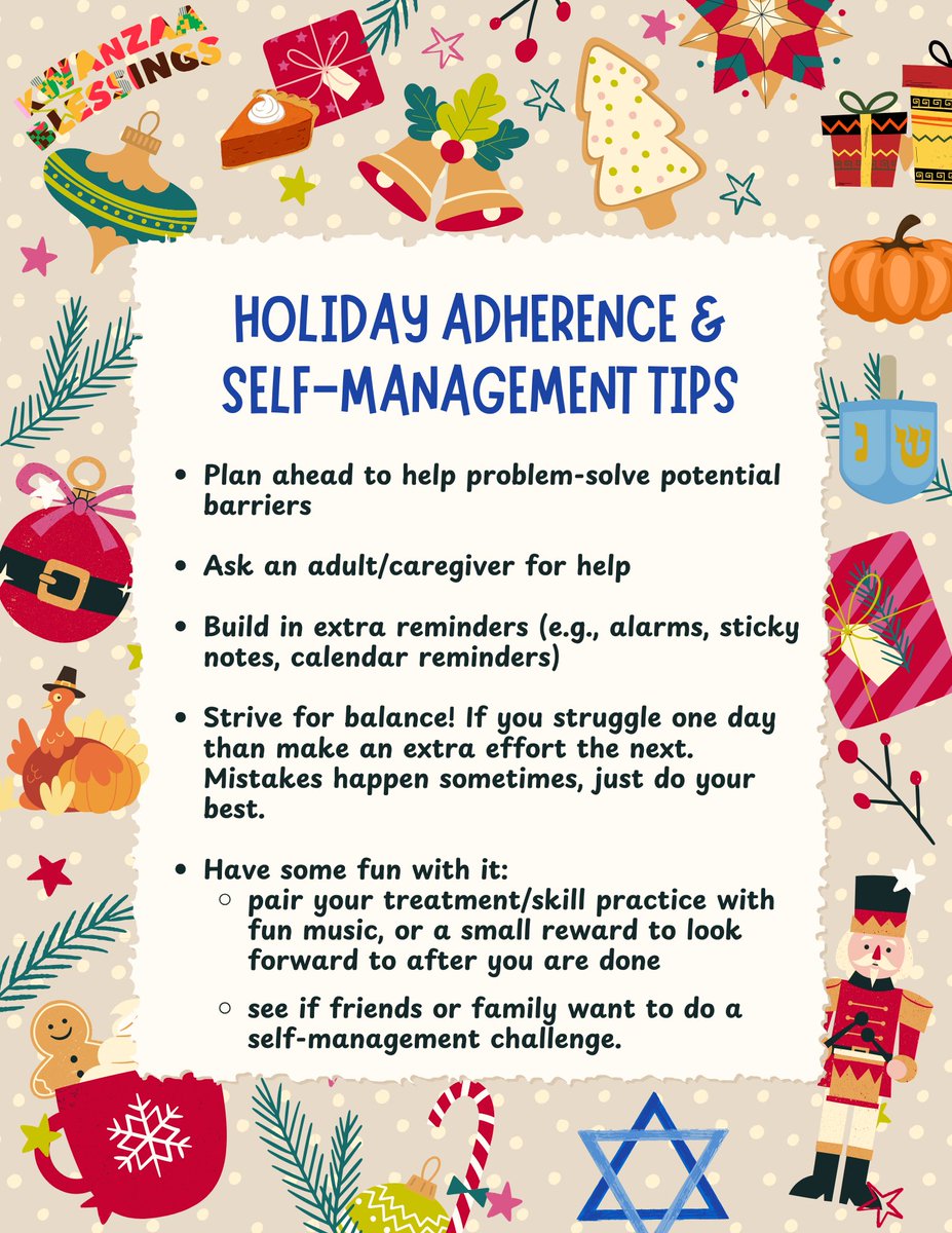 SPP_AdhSM's tweet image. During the holidays, it can be hard to keep up with adherence and self-management. Check out our tips on how to stay on track! #pedsadherence #selfmngt #thisispedpsych