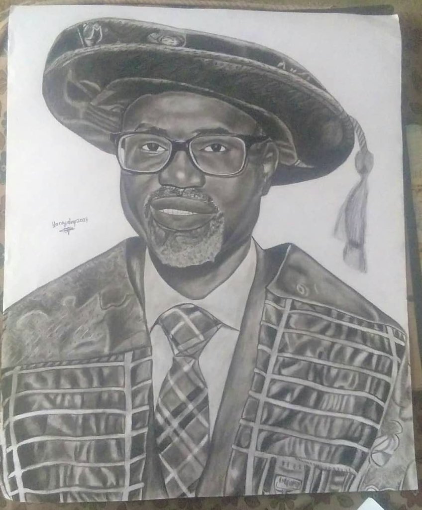 UilStudentUnion's tweet photo. Check out this stunning portrait drawing of our Vice Chancellor, Prof. Wahab Olasupo Egbewole, SAN, created by the talented IGE, Oyinkansola Mary (@Honeydropart), a 100Level Unilorite from the Dept. of Mass Communication, Faculty of Communication and Information Sciences. 🖋️🖼️ https://t.co/6QN2nDtE1U