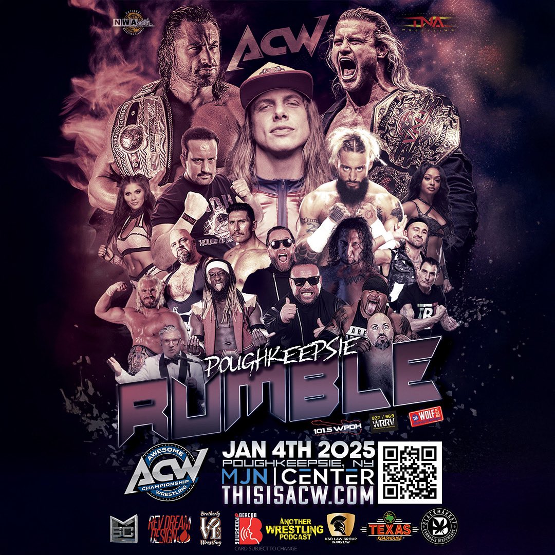 this_is_acw's tweet image. Awesome Championship Wrestling: The Poughkeepsie Rumble 

January 4, 2025 | MJN Center, Poughkeepsie, NY
Fan Fest – 5:30 PM | Bell Time – 7:30 PM

Matches:
•TNA Title: Nic Nemeth vs. Matt Riddle
•NWA Title: Thom Latimer vs. Tommy Dreamer
•Women’s Match: Kelly Madan vs. Tiara…