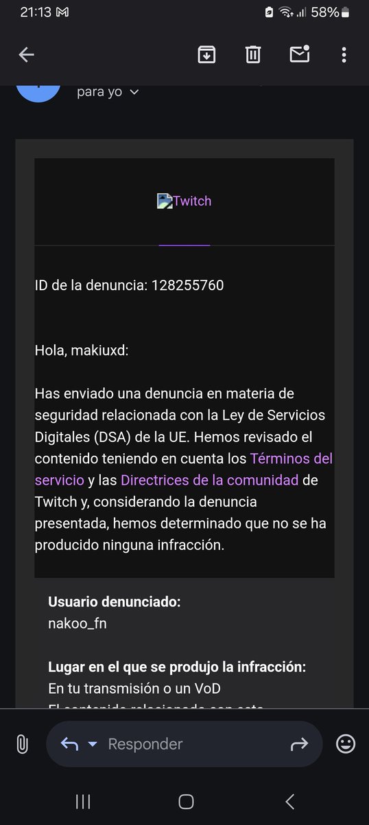 Contexto, tarde, un amigo me pasa un enlace de un stream de twitch, resulta que el pavo estaba estrimenado un video porno gay, denuncio y twitch tiene los putisisisisimos cojones de decir que no hay infraccion