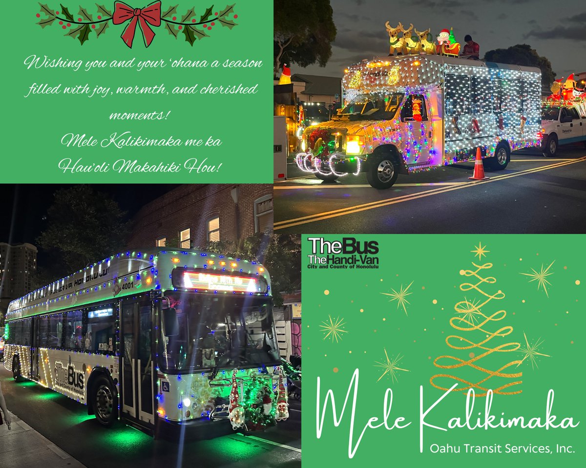 OTS_TheBus_HV's tweet photo. ๐๐บ๐ Mele Kalikimaka me ka Hau'oli Makahiki Hou from Oahu Transit Services, Inc.!
We want to wish each of you a happy holiday season filled with joy, love, and aloha!
#oahutransitservices #thebus #handivan #happyholidays https://t.co/R76Z9LQzaa