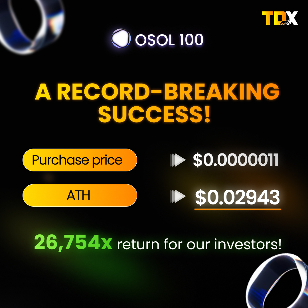 🚀 OSOL Deal: A Record-Breaking Success! 🚀

From a purchase price of
$0.0000011
to an ATH of
$0.02943

OSOL delivered an insane
26,754x return
for our investors!

😎 This monumental win is proof that the sky is not the limit—we’re heading straight to the stratosphere!

This is