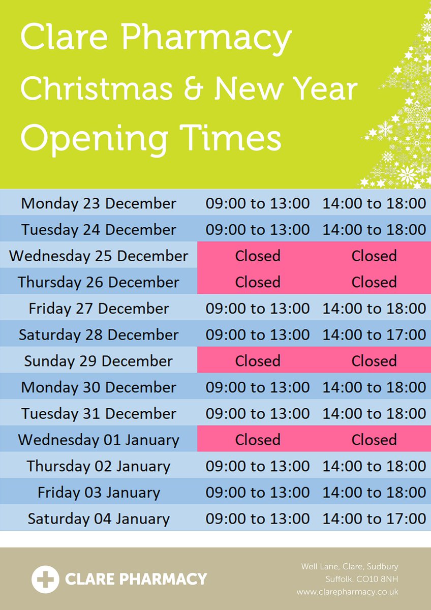 We are having a well earned break.  There is always someone available to help while we are closed.
Web info - nhs.uk
Phone - 111
Local Pharmacy Rota - england.nhs.uk/east-of-englan…

Happy Christmas!