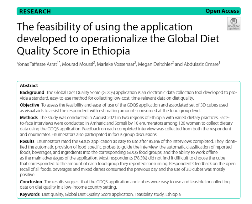 New study published in BMC Nutrition reports on the feasibility of using the GDQS app for collection of data on diet quality.  Access the paper here: bit.ly/4a9QK5j. To request to use the GDQS app, write to Intake at GDQS@FHI360.org - Use of the app is free!