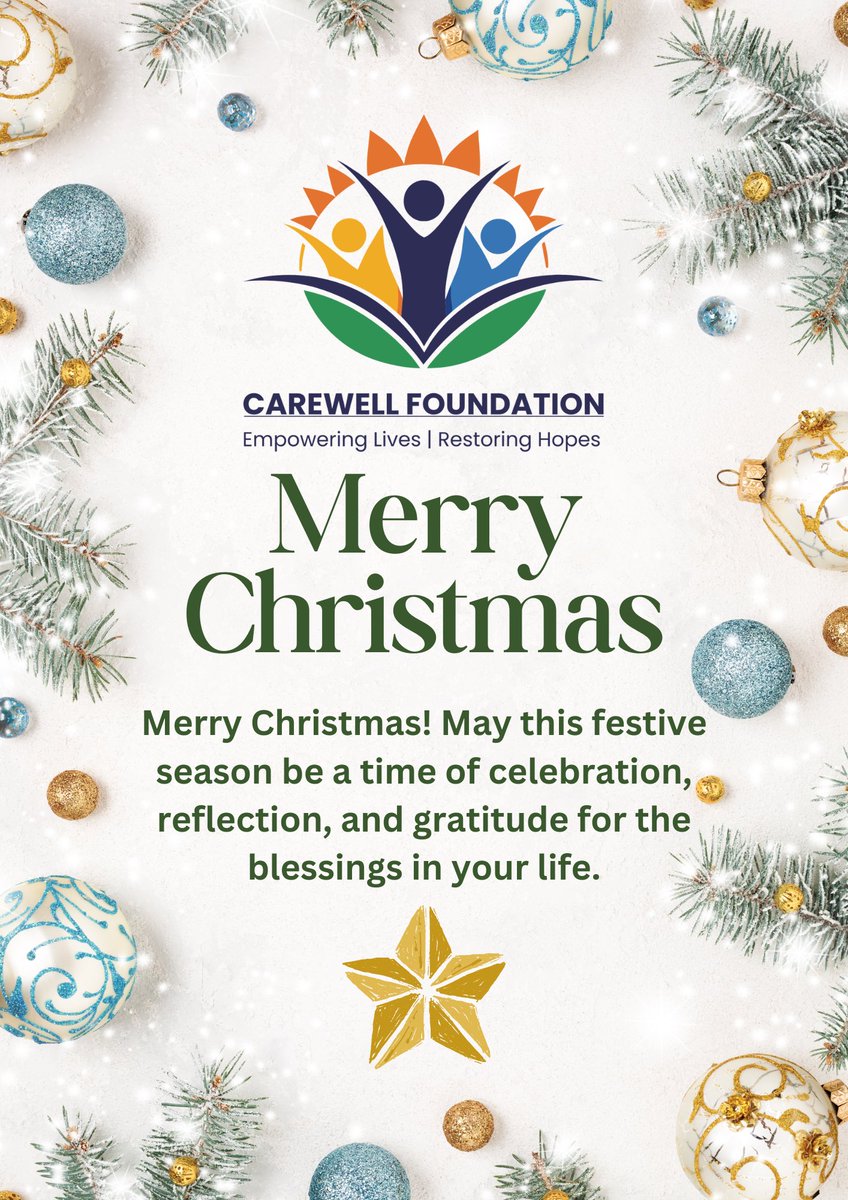 carewell24's tweet photo. Christmas, we at Carewell Foundation are reminded of the love, hope, and kindness that bind us all together. This year, your unwavering support has been the true gift, enabling us to reach those in need and bring light into their lives.

May this festive season fill your heart with peace and your home with happiness. Together, let’s continue to spread hope and make the world a better place.

Merry Christmas 🎄🎅🤶🏾