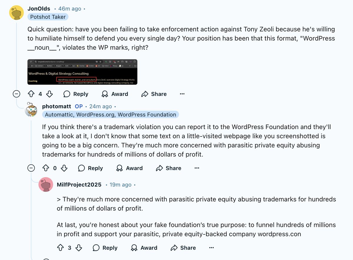 Oy. <a href="/photomatt/">Matt Mullenweg</a> is doing himself no favors on Reddit. You either enforce trademark or you don't. It's not a matter of how big, little, PE backed, or insignificant you believe the company you alledge is infringing. You have to defend equally. <a href="/wpengine/">WP Engine</a> cannot be held to a different