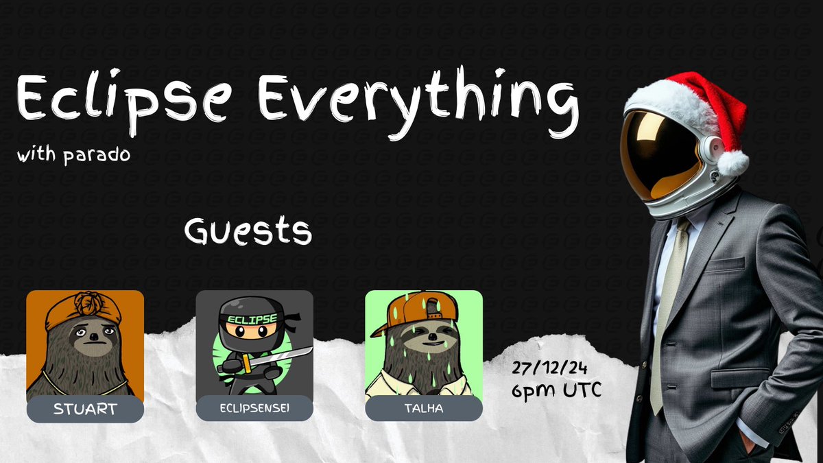 Gsvm Gsvm 

Aother episode of Everything Eclipse with parado 

Bringing you ecosystem updates 

There will be a 
2x <a href="/eclipsecrabs/">ECLIPSE CRABS</a> 
2x <a href="/EclipSensei/">EclipSensei</a>  
whitelist giveaway 

like, comment, retweet and follow all accounts 

winners will be announced during the space