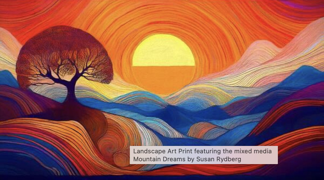 SusanRydberg's tweet photo. Mountain Dreams - This contemporary art piece portrays a vibrant and surreal landscape where vivid colors and intricate designs shape a fantastical mountain range.
https://t.co/Y0dy9COpDT
#ContemporaryArt
#SurrealLandscape
#VividColors
#FantasyArt
#MountainArt
#StylizedTree
#AbstractNature
#OrangeSun
#ArtDecoInspiration
#ModernArt
#DynamicComposition
#OilPaintingTechniques
#GeometricArt
#ColorfulAbstract
#DreamyLandscapes
#ArtForNatureLovers
#VisualHarmony
#ArtisticFusion
#AbstractBeauty
#CreativeExpression
#BoldAndVibrant
#NatureInspiredArt
#ColorAndMovement
#FantasyLandscape
#ModernGeometry
#BuyIntoArt