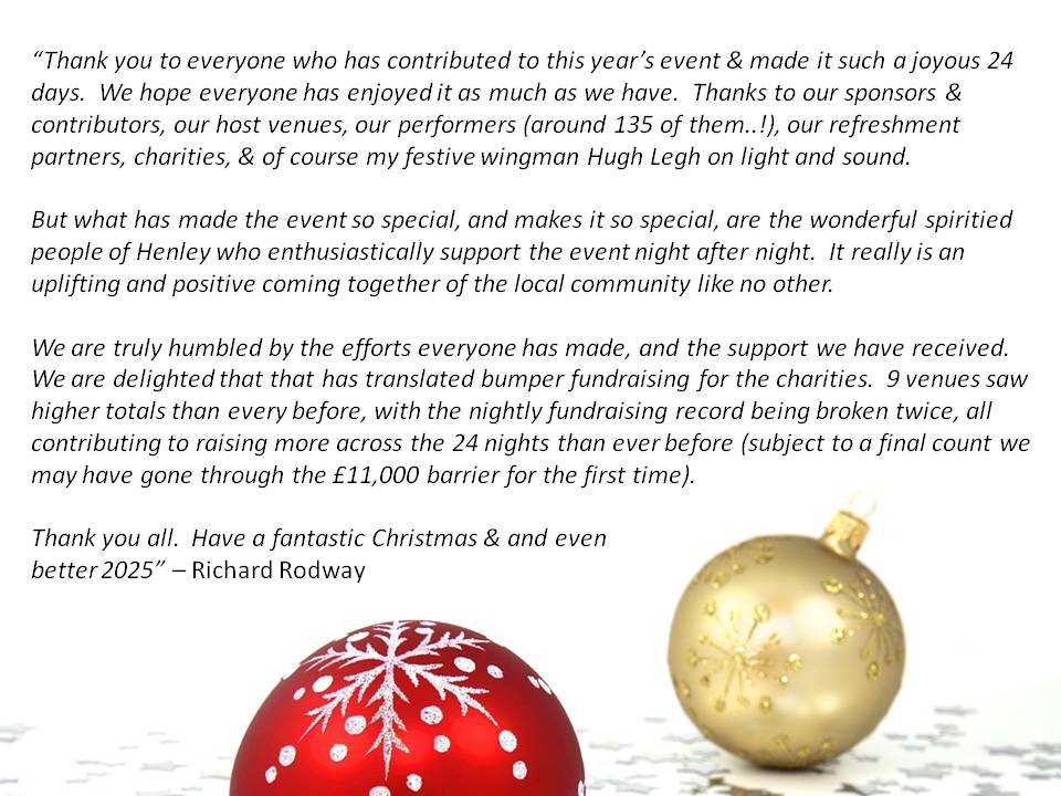 Henley Living Advent Calendar (@living_advent) on Twitter photo Merry Christmas to all, and to all a good night....
<a href="/thpsolicitors/">THP Solicitors</a> <a href="/THPHenley/">The Henley Business Partnership</a> <a href="/henleystandard/">Henley Standard</a> <a href="/XperienceHenley/">ExperienceHenley</a> Merry Christmas to all, and to all a good night....
<a href="/thpsolicitors/">THP Solicitors</a> <a href="/THPHenley/">The Henley Business Partnership</a> <a href="/henleystandard/">Henley Standard</a> <a href="/XperienceHenley/">ExperienceHenley</a>