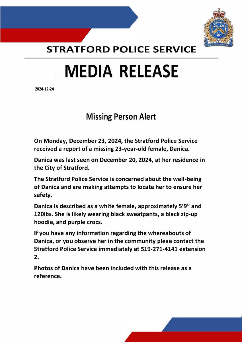 SPSmediaoffice's tweet image. Please see details in release re: Missing Person, Danica, 23-years of Stratford.

Please contact the Stratford Police Service at 519-271-4141 ext. 2 if you have any information regarding Danica's whereabouts or see her in the community.
