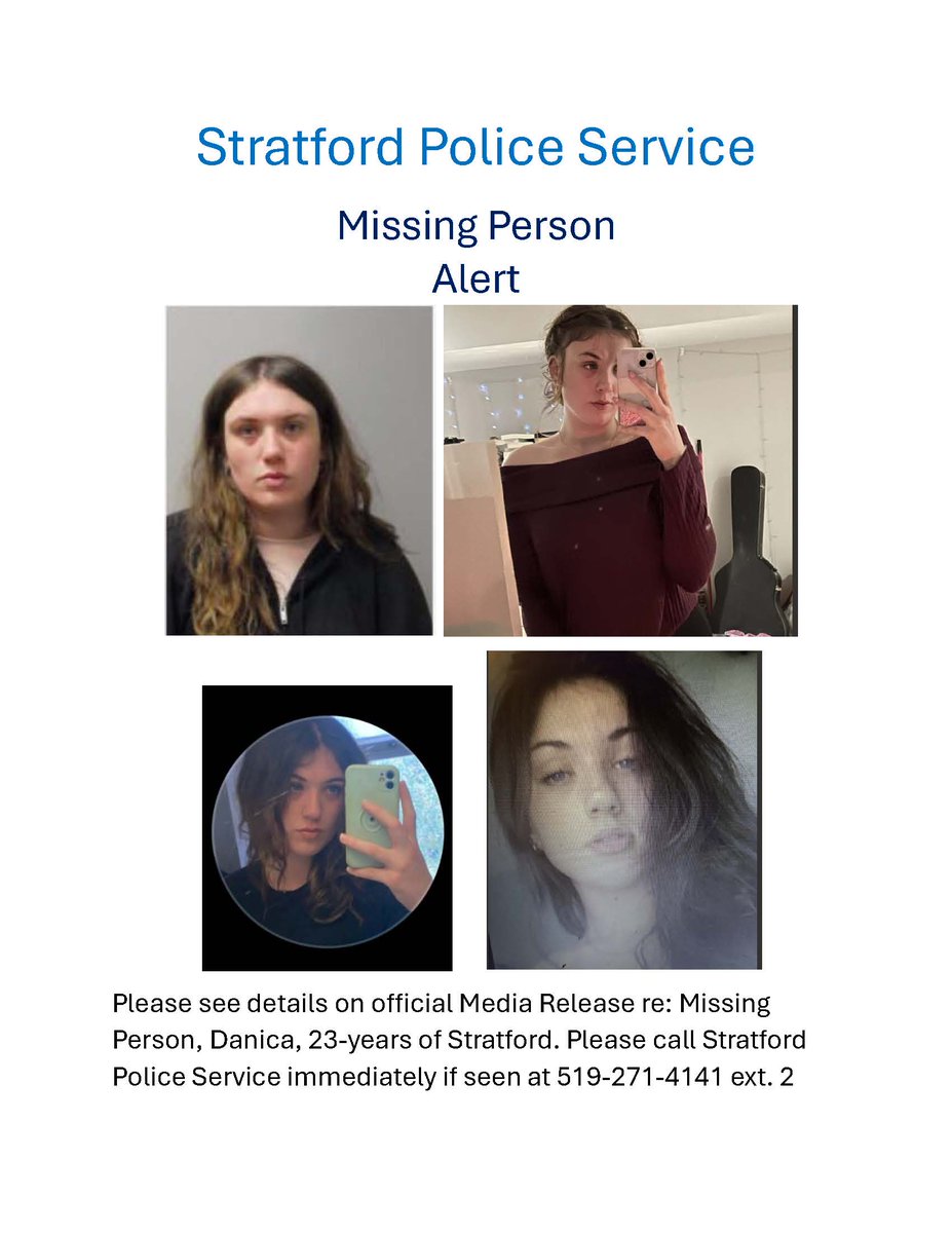 SPSmediaoffice's tweet image. Please see details in release re: Missing Person, Danica, 23-years of Stratford.

Please contact the Stratford Police Service at 519-271-4141 ext. 2 if you have any information regarding Danica's whereabouts or see her in the community.