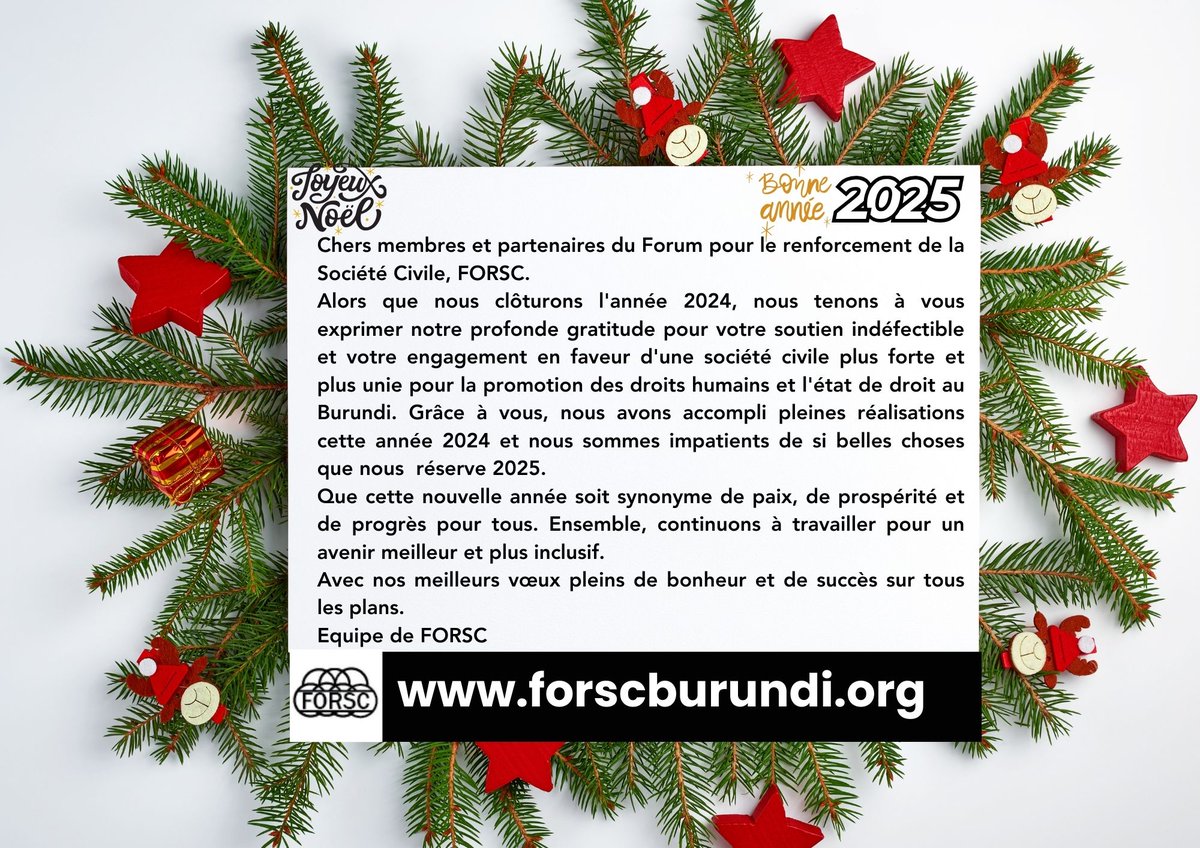 FORSC BURUNDI (@forsc_burundi) on Twitter photo #Burundi Chers membres et partenaires du
<a href="/FORSC_BURUNDI/">FORSC BURUNDI</a>. Alors que nous clôturons l'année 2024, nous tenons à vous exprimer notre profonde gratitude pour votre soutien indéfectible et votre engagement en faveur d'une société civile plus forte et plus unie pour la promotion des DH #Burundi Chers membres et partenaires du
<a href="/FORSC_BURUNDI/">FORSC BURUNDI</a>. Alors que nous clôturons l'année 2024, nous tenons à vous exprimer notre profonde gratitude pour votre soutien indéfectible et votre engagement en faveur d'une société civile plus forte et plus unie pour la promotion des DH