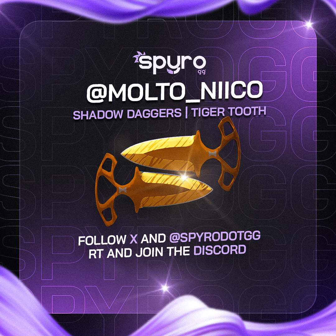 Molto_Niico's tweet photo. 💰+150$ - Shadow Daggers Tiger Tooth 💛

✅Follow @Spyrodotgg &amp; me
🔁RT
✅Join: https://t.co/CxyOBV4yKZ

⏰ends 8/01/25 

#CS2Giveaway #csgogiveaways #csgofreeskins #CS2 #csgoskin #cs2skin https://t.co/Xr7wngCoST