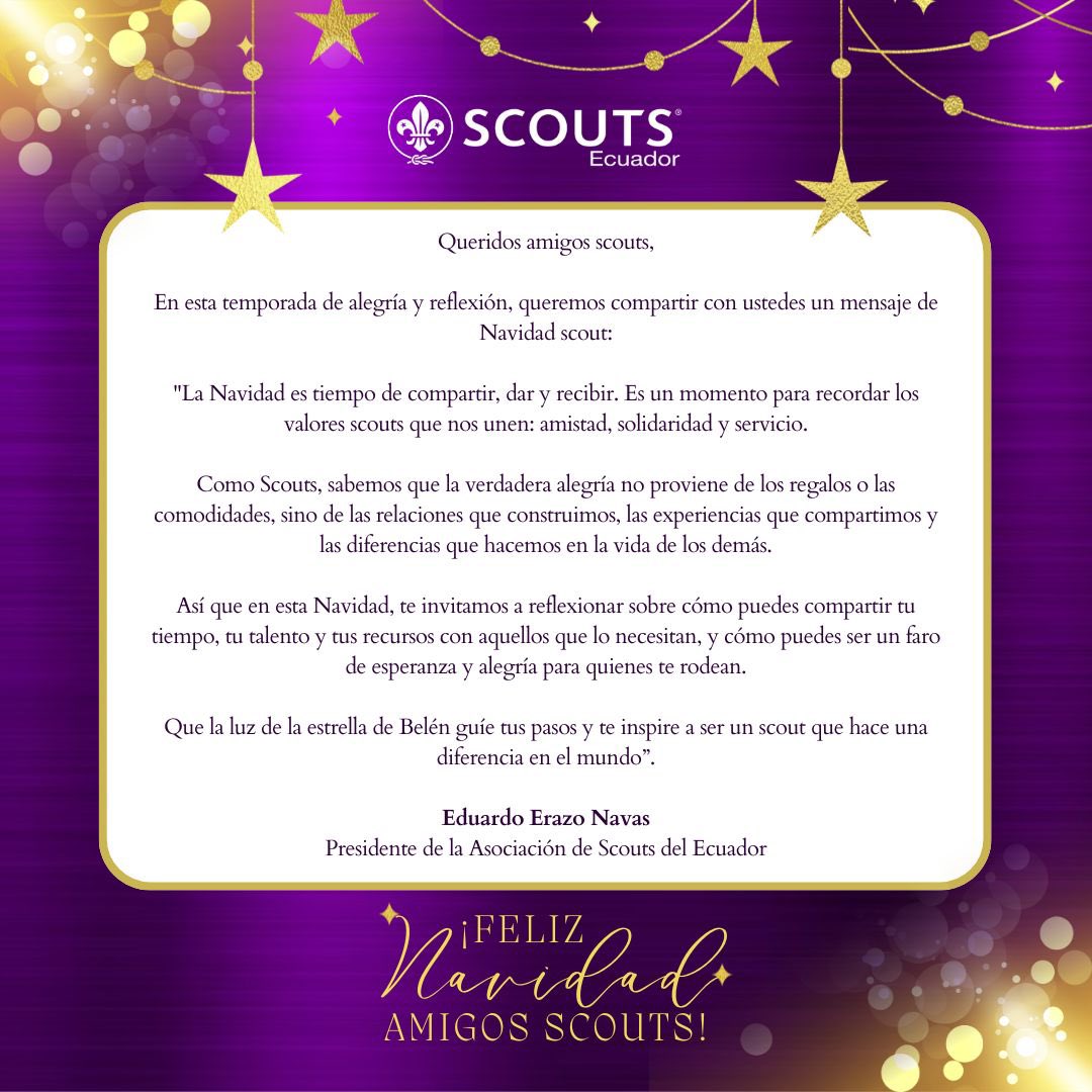 🎄✨¡Feliz Navidad Scouts! 🎅🏼

Queremos desearles una Navidad llena de amor, luz y esperanza.

Que el espíritu de la Navidad nos motive a seguir construyendo un mundo mejor, lleno de solidaridad y unión. 🤝🎁

¡Sigamos dejando huellas positivas en cada rincón del país! 🌲⚜️