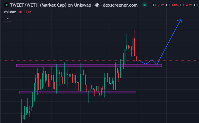 So $TWEET has done a 2.5x since and has successfully broken out of its tight accumulation range. 

After a clean breakout, it is now retesting the previous resistance at 1.6m and should be good to go back up.

With all the catalysts on the way and team working hard, I believe