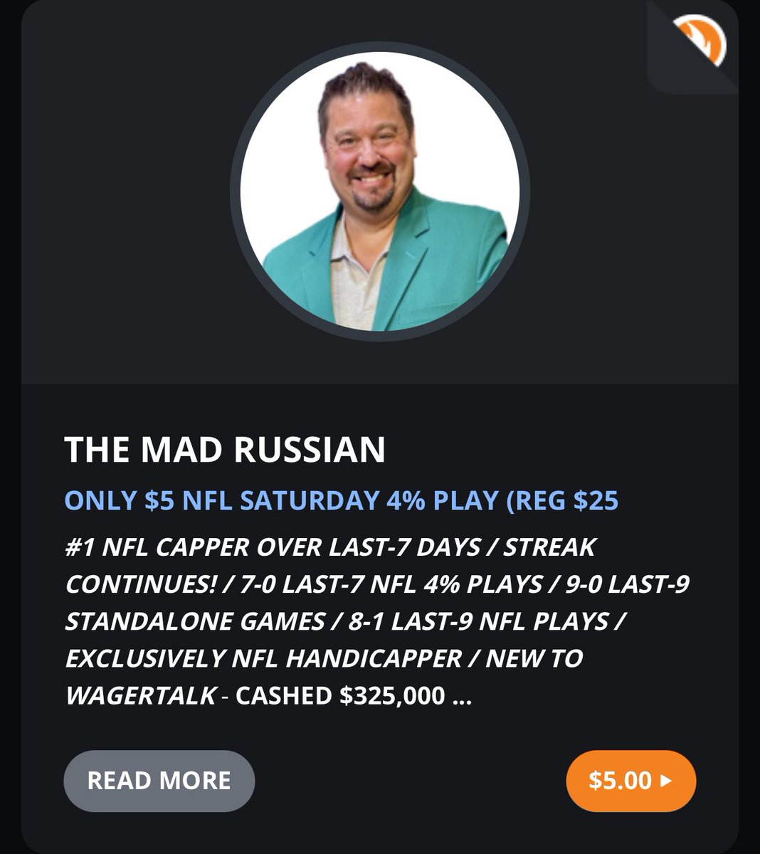 MadRussianNFL's tweet image. 9-Straight NFL Standalone Games Wins, looking for 10.  Purchase my Saturday NFL Standalone 4% play for only $5 (reg $25).  7-0 Last-7 4% Plays and #1 NFL Handicapper @WagerTalk over last week.  To purchase go to wt.buzz/mr , honored by the support!