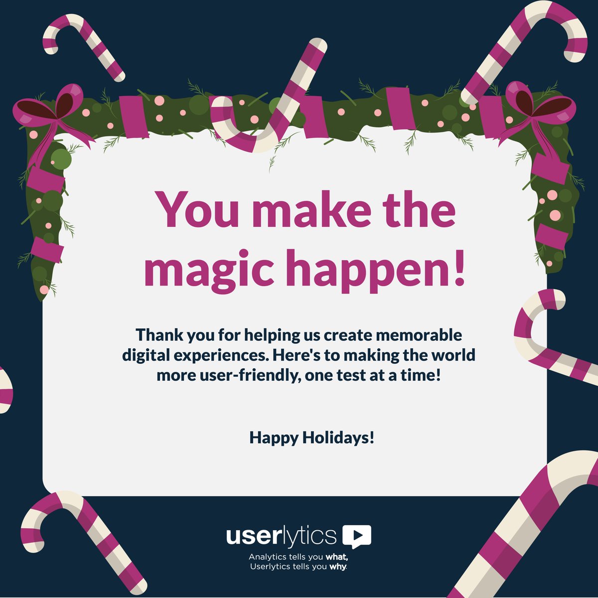 Userlytics's tweet image. 🎄✨ Happy Holidays from all of us at Userlytics! Your feedback, dedication, and insights have helped shape better user experiences worldwide this year. 🌟 Thank you for being an essential part of our journey. Here’s to a joyful and restful holiday season! 🎁❄️ 
#HappyHolidays