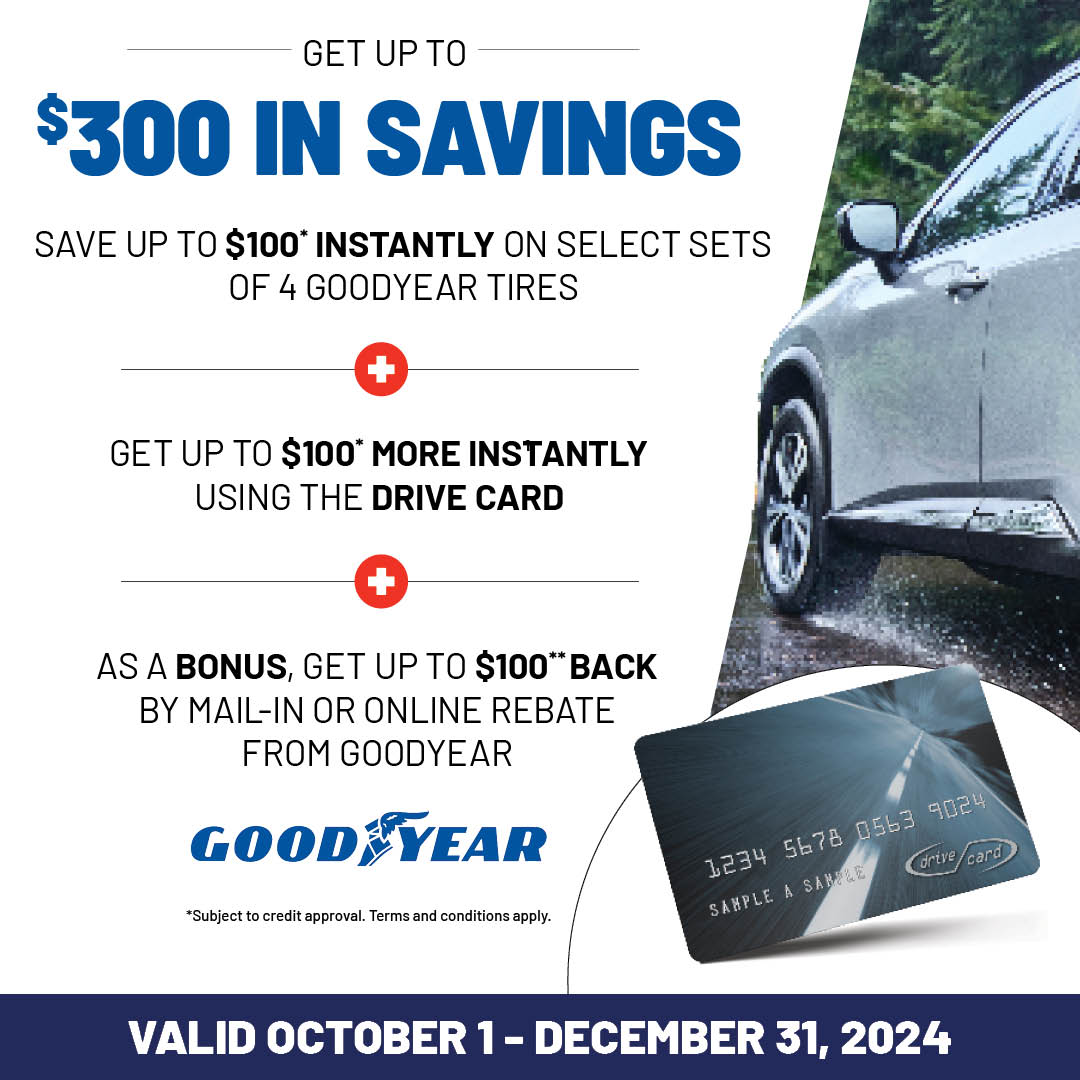 Don't let this deal skid past! Save up to a whopping $300* on Goodyear Tires right now. Wondering which tires qualify? Let's roll the mystery away! Click on the provided link for the full tread on this offer! Link - bit.ly/4fxHXeb Terms and conditions apply*