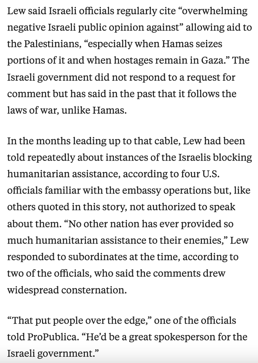 Since Jack Lew is back in the news, recall that he helped convince Blinken to ignore findings by USAID (which established FEWS NET) of “arbitrary denial, restriction, and impediments of U.S. humanitarian assistance” by Israel in Gaza.

Special place in hell and/or the Hague.