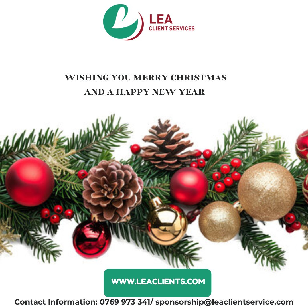 LeaClientS's tweet image. Wishing you Merry Christmas and a Happy New Year!

May your holidays be filled with joy, love, and success. Here&apos;s to thriving together in the New Year! 🌟✨@wambuikaranja