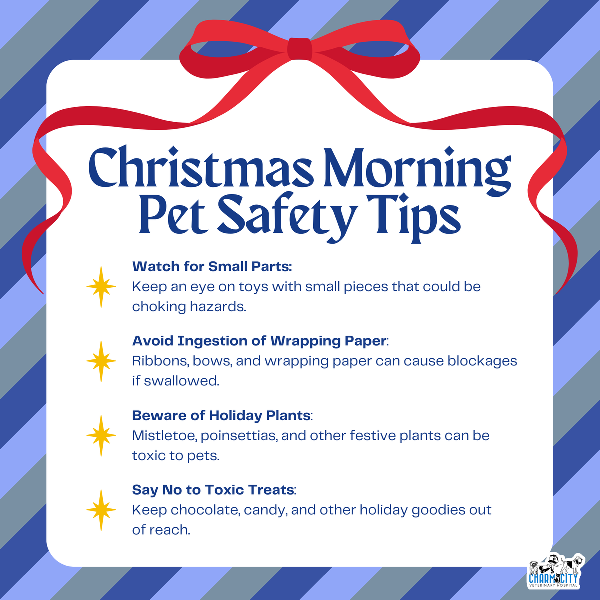 Charm_City_Vet's tweet image. While unwrapping gifts,don’t forget to keep an eye on your curious pets! 🎁🐾Small toy parts, ribbons, wrapping paper, and holiday treats can pose serious hazards. Let’s make sure our furry friends have a safe and joyful Christmas Day! 🎄✨ #ChristmasEve #PetSafety #HolidayPets
