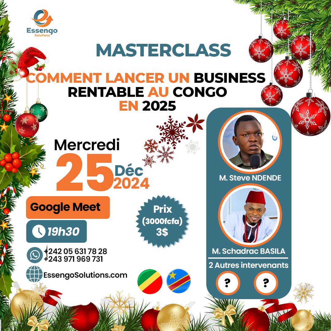 💡 Vous rêvez de lancer un business rentable au Congo 🇨🇬🇨🇩en 2025 ? Voici une opportunité unique d’apprendre en 77 minutes avec 4 experts !

🎯 MASTERCLASS EXCEPTIONNELLE - LE RENDEZ-VOUS À NE PAS MANQUER !

💰 Prix
🇨🇬 Seulement 3000 FCFA
🇨🇩 Seulement $3
#Team242 #Team243