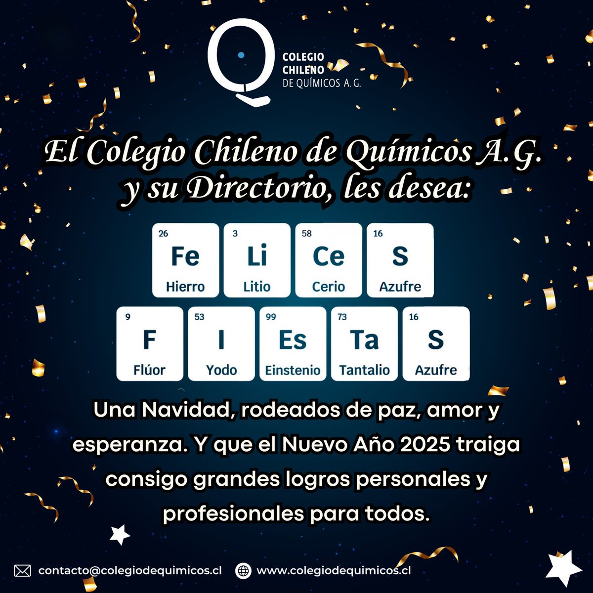 🎄 ¡Feliz Navidad y próspero Año Nuevo les desea el <a href="/CChQuimicos/">Colegio Chileno de Químicos A.G.</a>! 🎉 En 2025, seguiremos trabajando por el fortalecimiento de nuestra profesión. 💼

#FelizNavidad #FelizAñoNuevo #ColegioDeQuimicos #Navidad2024  #AñoNuevo2025 #colegiochilenodequimicos