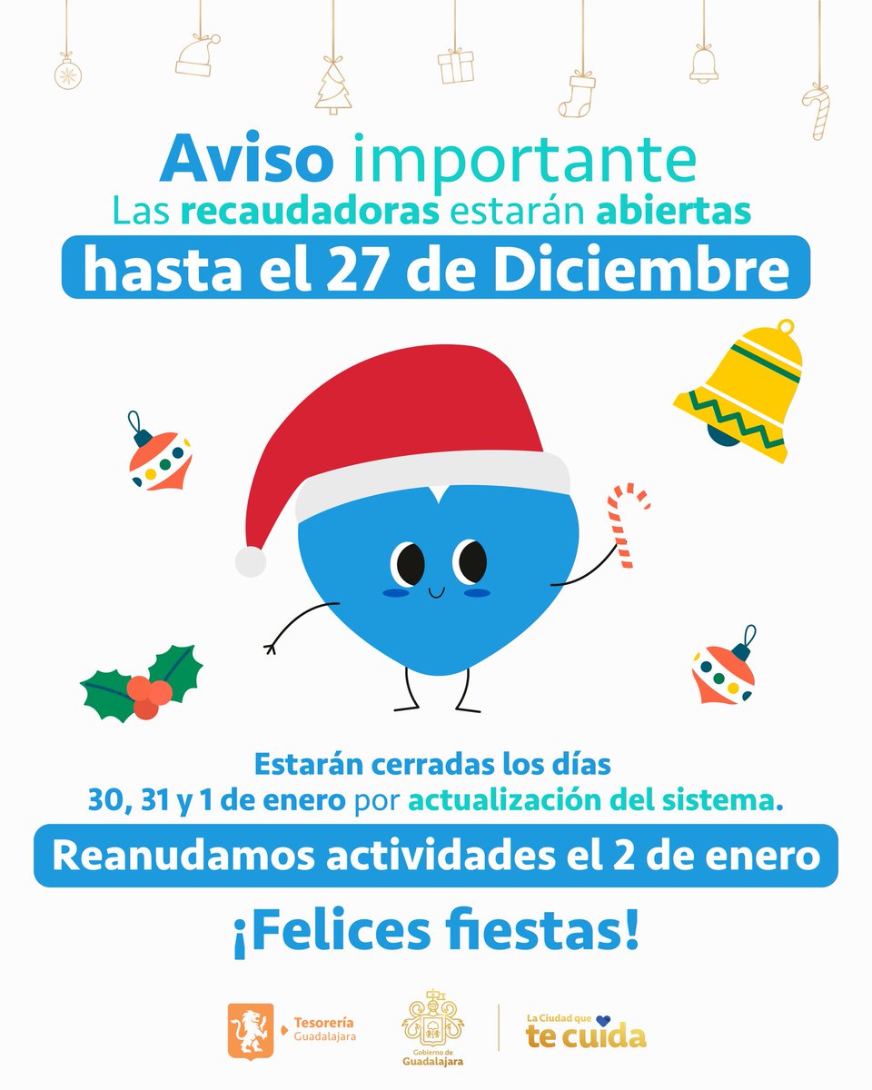 ¡Aviso importante!

Te compartimos la siguiente información sobre la operación de las recaudadoras municipales en los próximos días.