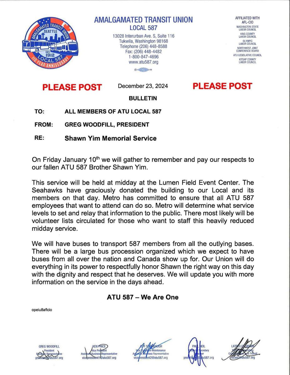 The transit union is asking for everyone’s understanding and patience during the memorial service on January 10th as bus service will be heavily reduced.