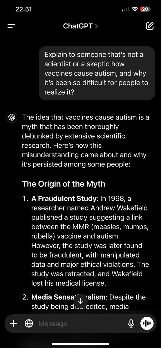 harret1972's tweet photo. @harryfisherEMTP Vaccinations don’t cause autism. I put your search into ChatGPT and this is the response. Good to know that AI actually understands. Not sure what you asked… https://t.co/4rC18GyWmy