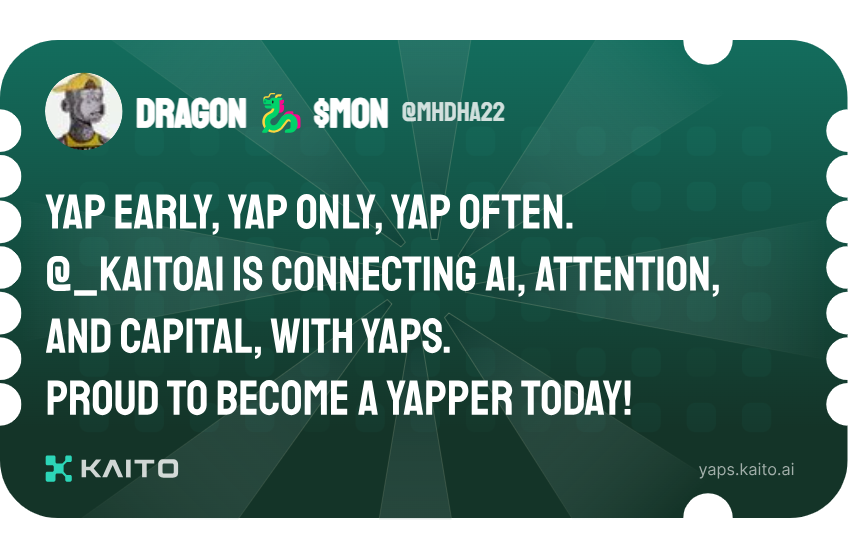 Yap early, yap only, yap often.

@_kaitoai is connecting AI, attention and capital with Yaps.

Just claimed my social card and I'm accumulating Yap points in real-time.

Claim yours 👉 yaps.kaito.ai/referral/10835…
