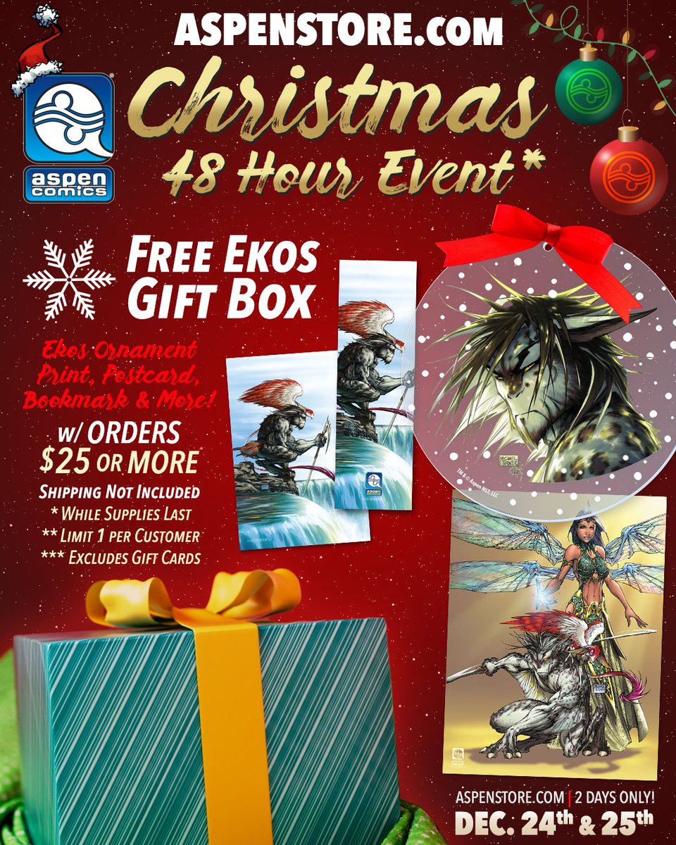 AspenComics's tweet image. Our Aspen Christmas Event is LIVE!
For only 48 hours, any AspenStore.Com orders of $25 or more will receive a FREE Exclusive Aspen Holiday Gift Box featuring Ekos!
#ekos #aspenstore #aspencomics #Michaelturner