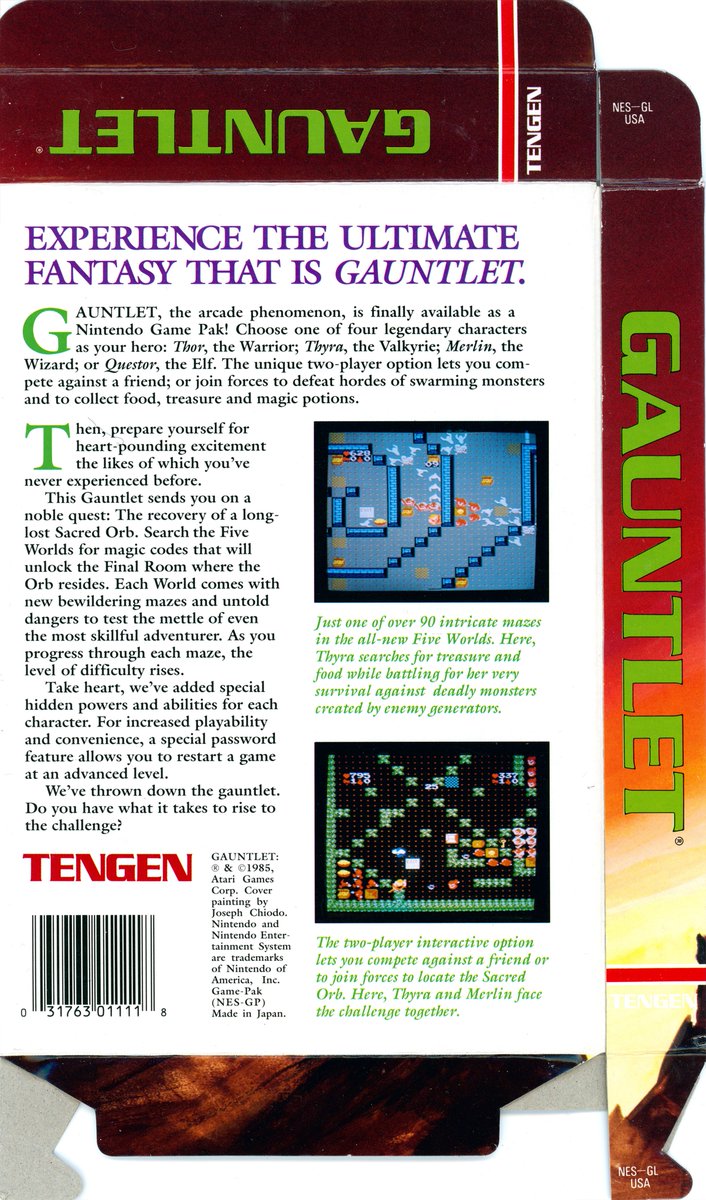 Gauntlet by Tengen for the Nintendo Entertainment System box has been scanned in high resolution. Thanks to Quicksave Games from Fitchburg, WI for scanning this! Enjoy! Link to scans in reply below.