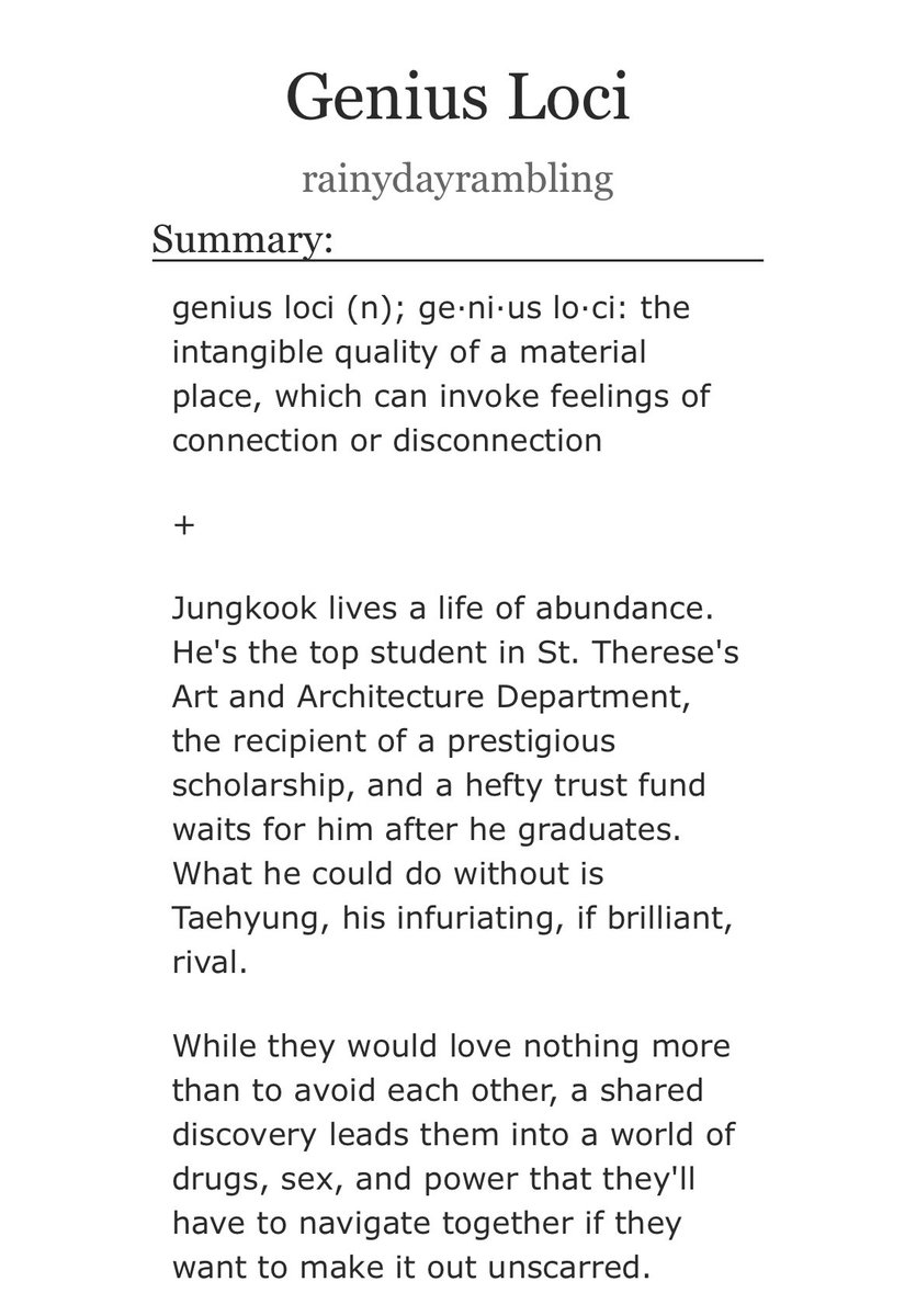 taekookhrs's tweet photo. ↱ genius loci by @rainyrambling 
   - 180k word count
   - dark academia au 
   - enemies to lovers
   - slow burn, angst, explicit
   - one of my favs, so so good 
< https://t.co/xB5j1qaBsP > https://t.co/JEVxiC595D