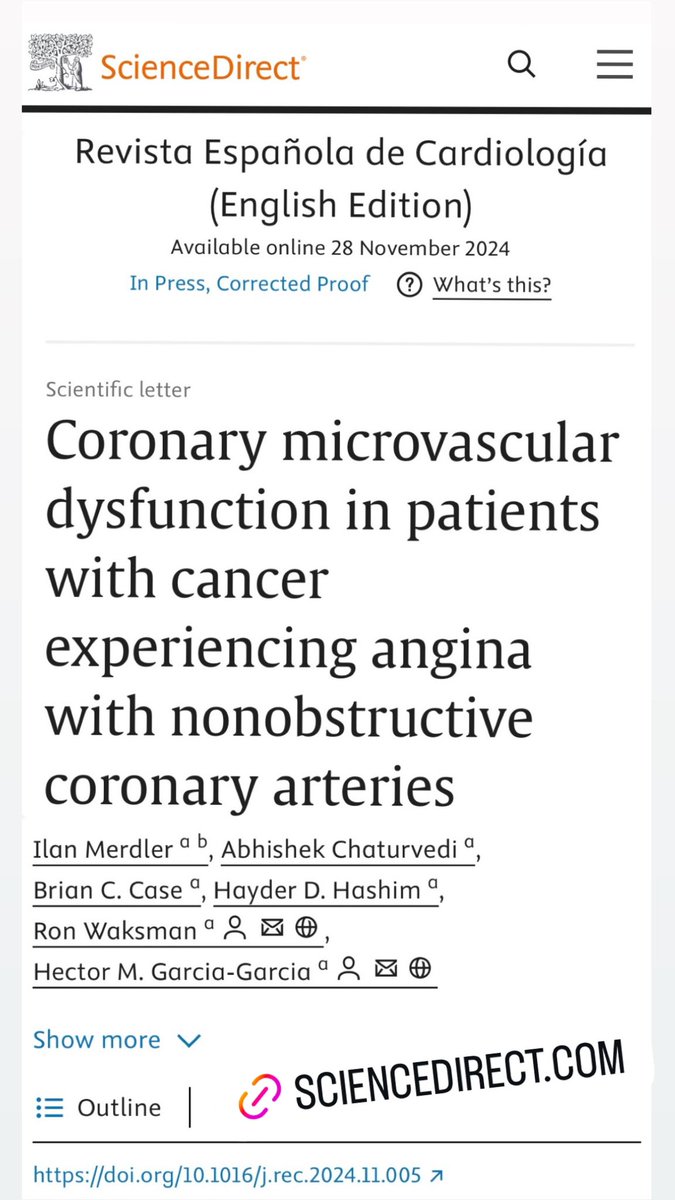 Our article on #CMD in Cancer Patients with #ANOCA, led by ⭐️<a href="/IlanMerdler/">Ilan Merdler</a>, is now out in <a href="/RevEspCardiol/">REC Publications</a>, official journal of <a href="/secardiologia/">Soc Esp Cardiología</a> 🎊

<a href="/BCase07/">BCaseMD</a> <a href="/HashimHayder/">Hayder Hashim</a> <a href="/ron_waksman/">Ron Waksman</a> <a href="/hect2701/">Prof. Hector M. Garcia-Garcia</a> <a href="/GTCardFellows/">Georgetown/WHC Cardiology Fellows</a> <a href="/ACCDCchapter/">Washington D.C. chapter, ACC</a> <a href="/CRT_meeting/">CRT Meeting</a> <a href="/SCAI/">SCAI</a> #CardioTwitter

🔗 rb.gy/zh4lzz