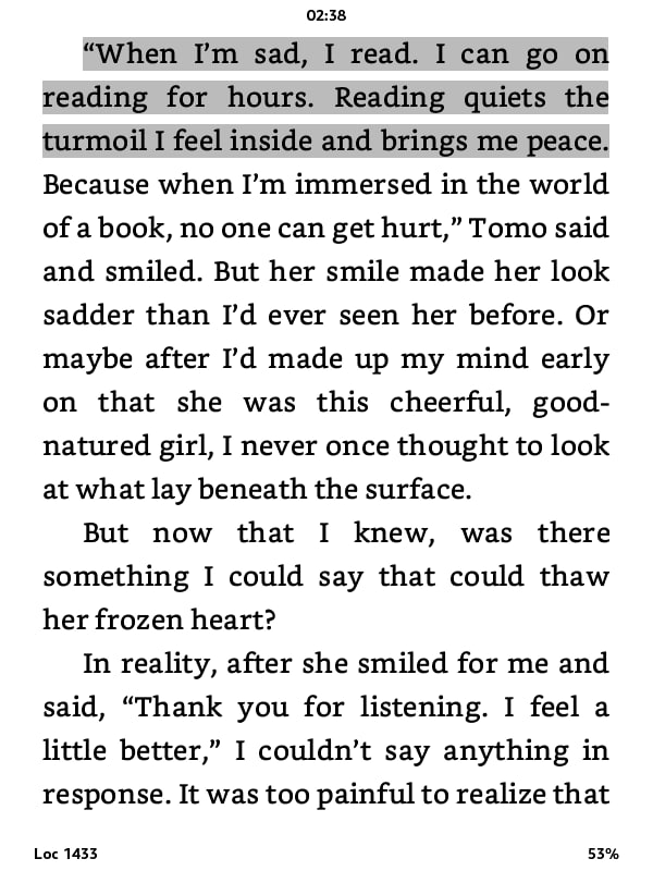 "عندما أكون حزينة، أقرأ. يمكنني القراءة لساعات. القراءة تهدئ الاضطراب الذي أشعر به في داخلي وتجلب لي السلام..."