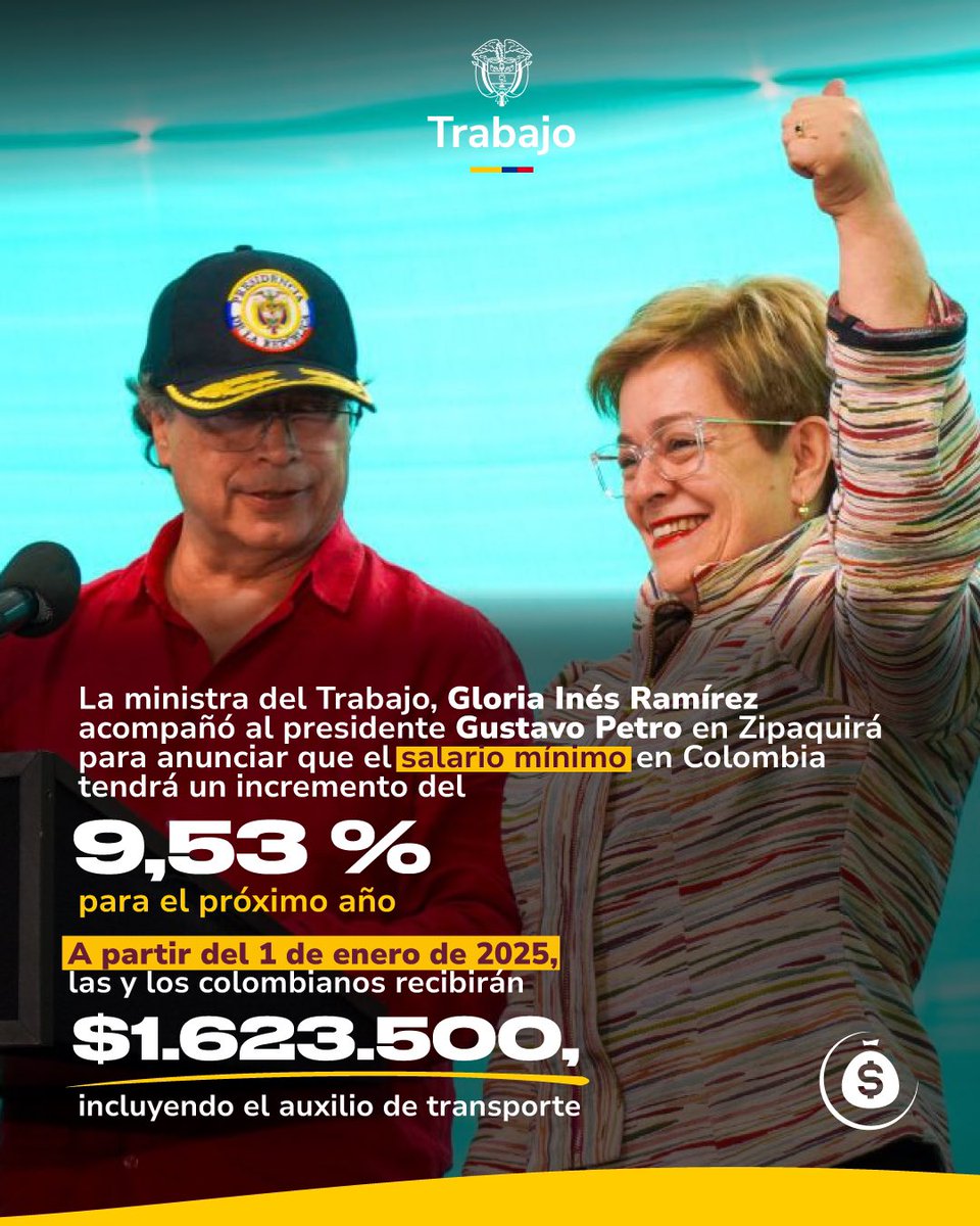 #salariominimo mensual de $1.623.000 mil pesos sumando el subsidio de transporte, aumento del 11%. Con la economía en crecimiento, el empleo aumentando y la inflación bajando. 
A los trabajadores y trabajadoras nos emociona porque se reconoce el valor de nuestro trabajo de mejor
