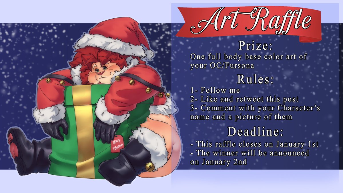 New Christmas, new✨ART RAFFLE!✨
-Winner gets 1 full body base color art piece

-To enter:
⭐️Follow me
⭐️Like and retweet this post
⭐️Comment with your character's name and a picture of them

-This will close on January 1st 12:00(GMT+1)
 the winner will be announced January 2nd