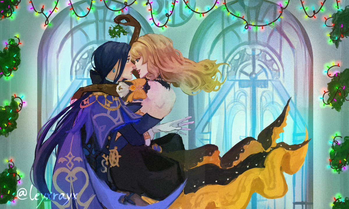 Merry Christmas everyone!! &lt;33

Here's some Clorivia art for you!
(I almost didn't finish it so in some places it's a bit messy.. ) 

#genshinimpact #navia #clorinde #clorivia #原神