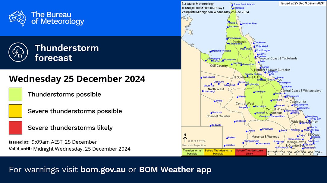 BOM_Qld's tweet photo. ⛈️Thunderstorm FORECAST for TODAY: Thunderstorms are possible #CentralCoast and #Whitsundays, #Peninsula, #GulfCountry and inland #Queensland north of about #Injune to #Doomadgee. Thunderstorms are not expected to be severe. Forecast details https://t.co/oQJP0oAXFT🎄 https://t.co/rgmQB3j4PM