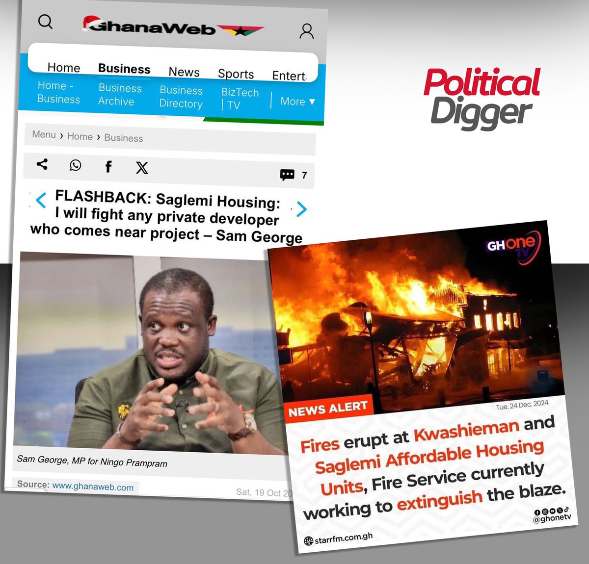PoliticsDigger's tweet photo. BREAKING: ‼️🇬🇭
Saglemi Burning Sparks Controversy! Netizens link the incident to Sam George's past statements. 

Stay tuned for more updates as the story unfolds! https://t.co/FVjYCLjrym