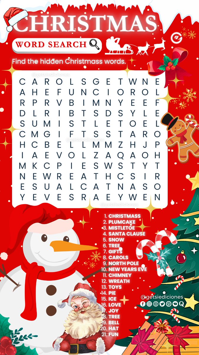 getsiediciones's tweet photo. Christmas Word Search #Christmas #Christmasgames #games #getsiediciones #eduingot #getsial_swj #puzzle #wordsearch #crossword #wordgames https://t.co/tbaXA8c4Oj