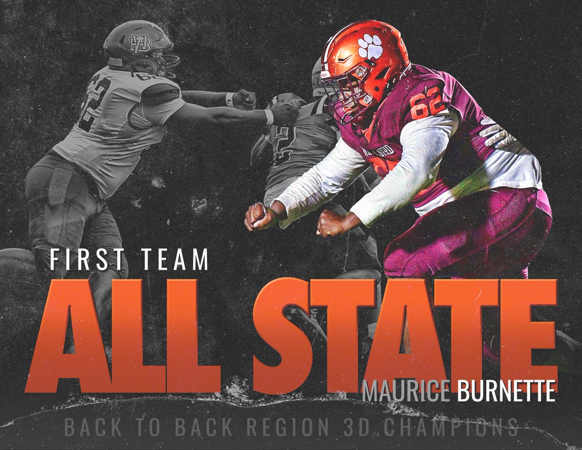 Congratulations Maurice Burnette for earning First Team AAA All-State Defensive Lineman.

2024 Statistics
85 tackles, 26 TFLs, 6 sacks, 44 QB pressures

🏆2023 and 2024 Region 3D Champion🏆