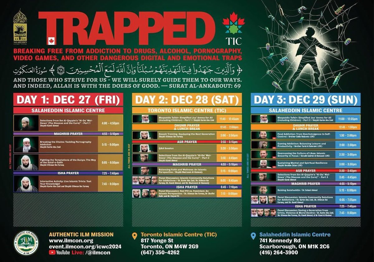 gemshaykhuthman's tweet image. AIM TORONTO 🇨🇦 SCHEDULE‼️ FREE TICKETS, Join us In Sha Allah 
#canada #toronto #aimconference