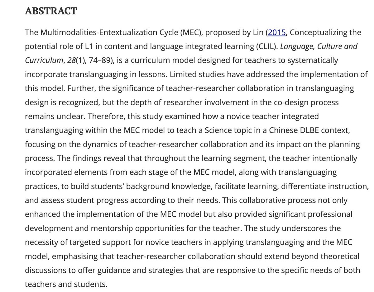 Dr. Cathy Wong (@dr_cathywong) on Twitter photo Grateful to share my latest paper with my critical friend <a href="/VashtiWaiYuLee/">Vashti Wai Yu Lee ęę
§ē</a> . We examined a novice teacher's integration of translanguaging in the MEC model to enhance Science learning in a Chinese DLBE context.
50 free copies available:
tandfonline.com/eprint/THD3X3R⦠Grateful to share my latest paper with my critical friend <a href="/VashtiWaiYuLee/">Vashti Wai Yu Lee ęę
§ē</a> . We examined a novice teacher's integration of translanguaging in the MEC model to enhance Science learning in a Chinese DLBE context.
50 free copies available:
tandfonline.com/eprint/THD3X3Rā¦