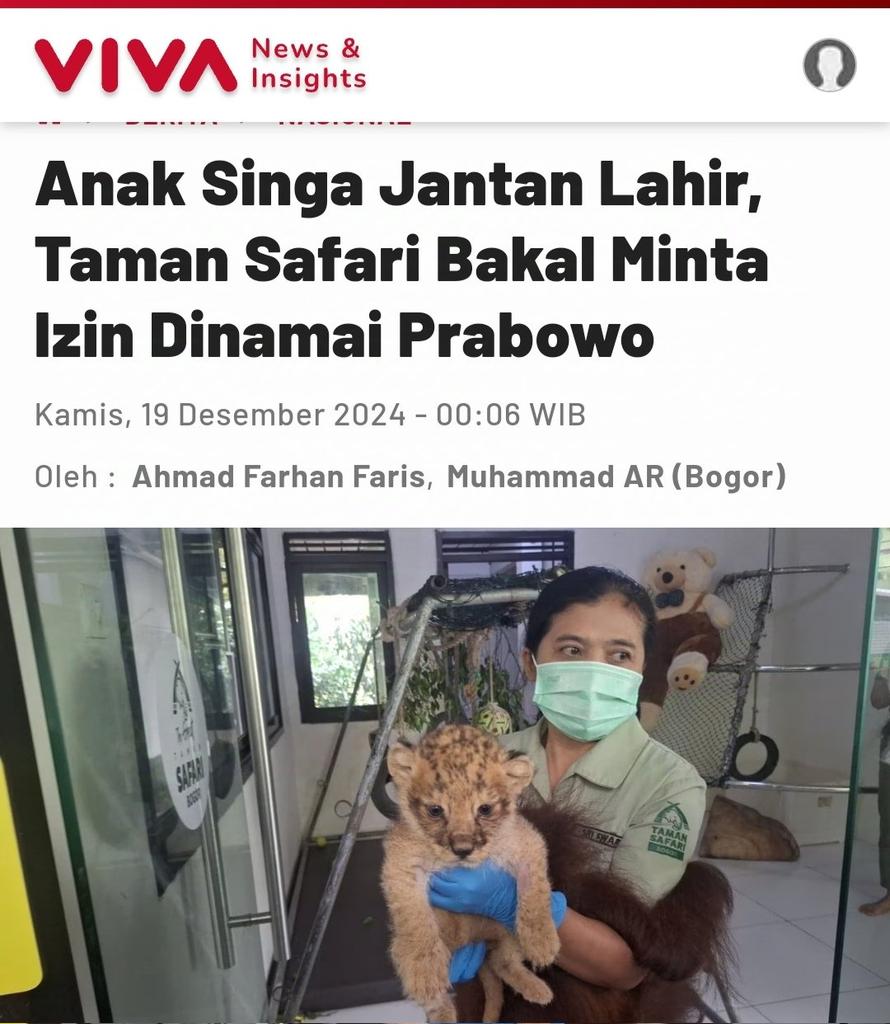 Tolong Taman Sari <a href="/TSI_Bogor/">Taman Safari Bogor</a> tahan dulu pemberian namanya ampe 100 hari kerja, nie <a href="/prabowo/">Prabowo Subianto</a> blm jelas auranya.. apa singa, apa macan, apa kucing kehujanan?