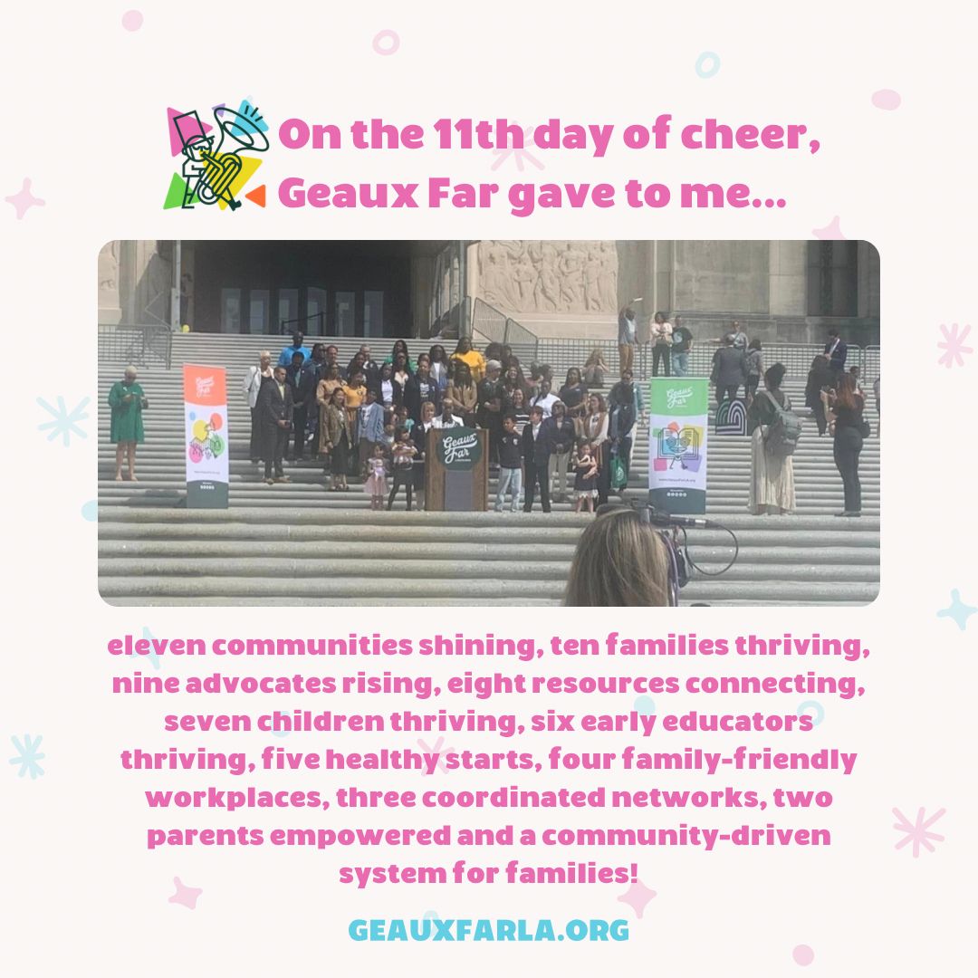 GeauxFarLA's tweet photo. 🎶 On the eleventh day of cheer, Geaux Far gave to me… eleven communities shining!
💡 We’re making Louisiana a brighter place, one family and one provider at a time.

🌟 Learn more about our mission at https://t.co/bNHyQqP8ub!

#GeauxFarLA #12DaysOfCheer #CommunityDriven https://t.co/qQFlkNSoRt