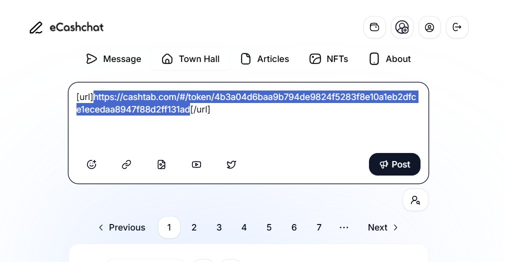 ecashchat's tweet image. eCashChat.com version 1.7.2 is here!
(as usual, you may need to refresh your browser 1-2 times)

In this version:
- We've made it easier to share your NFT listings on the Townhall feed to drawn in extra attention. Just wrap your @CashtabWallet NFT token link inside