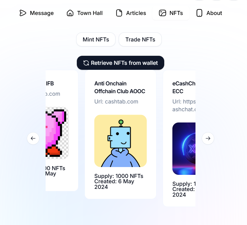 ecashchat's tweet image. eCashChat.com version 1.7.2 is here!
(as usual, you may need to refresh your browser 1-2 times)

In this version:
- We've made it easier to share your NFT listings on the Townhall feed to drawn in extra attention. Just wrap your @CashtabWallet NFT token link inside